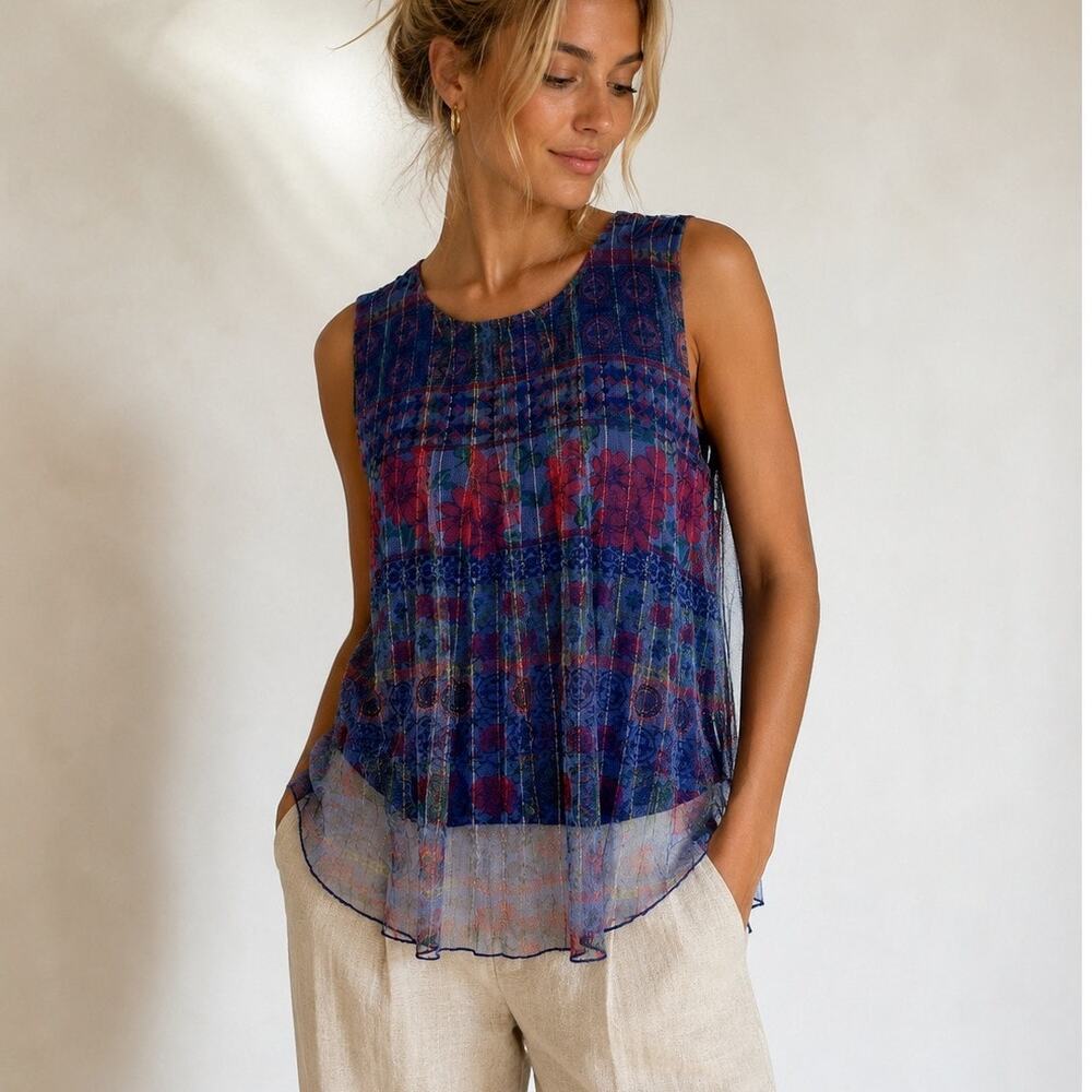 Desigual Blouse Women Large Sleeveless Layered Floral Print Tank Top Sheer Mesh